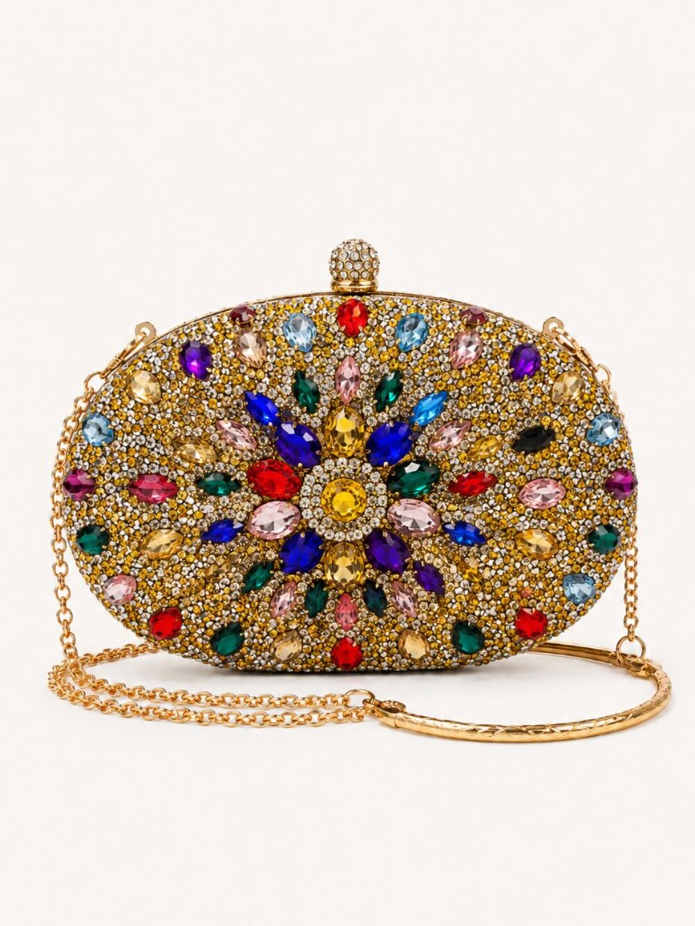 Ramla Hand Crafted Multicolor Crystal Rhinestone Oval Evening Clutch Gold